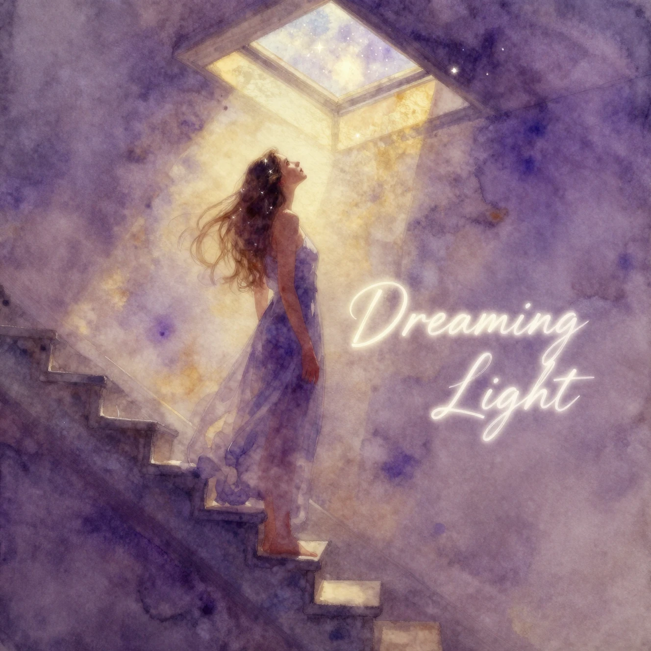 Watercolor girl on staircase beneath starlit skylight