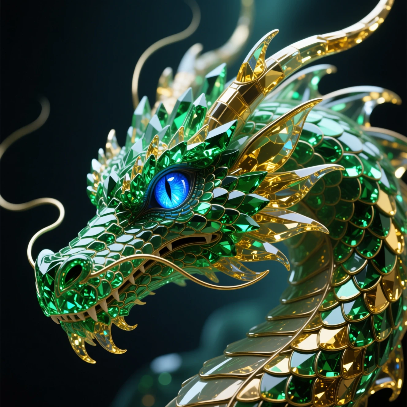 Gros plan sur une tête de dragon de cristal aux yeux bleus lumineux