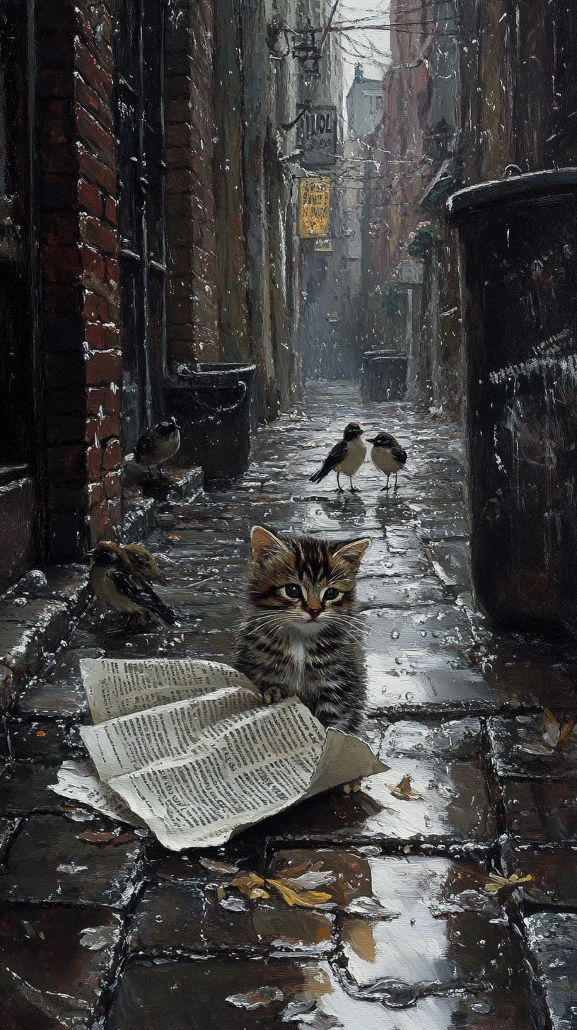 Kitten Sheltering Under Newspaper In Rainy Cobblestone Alley