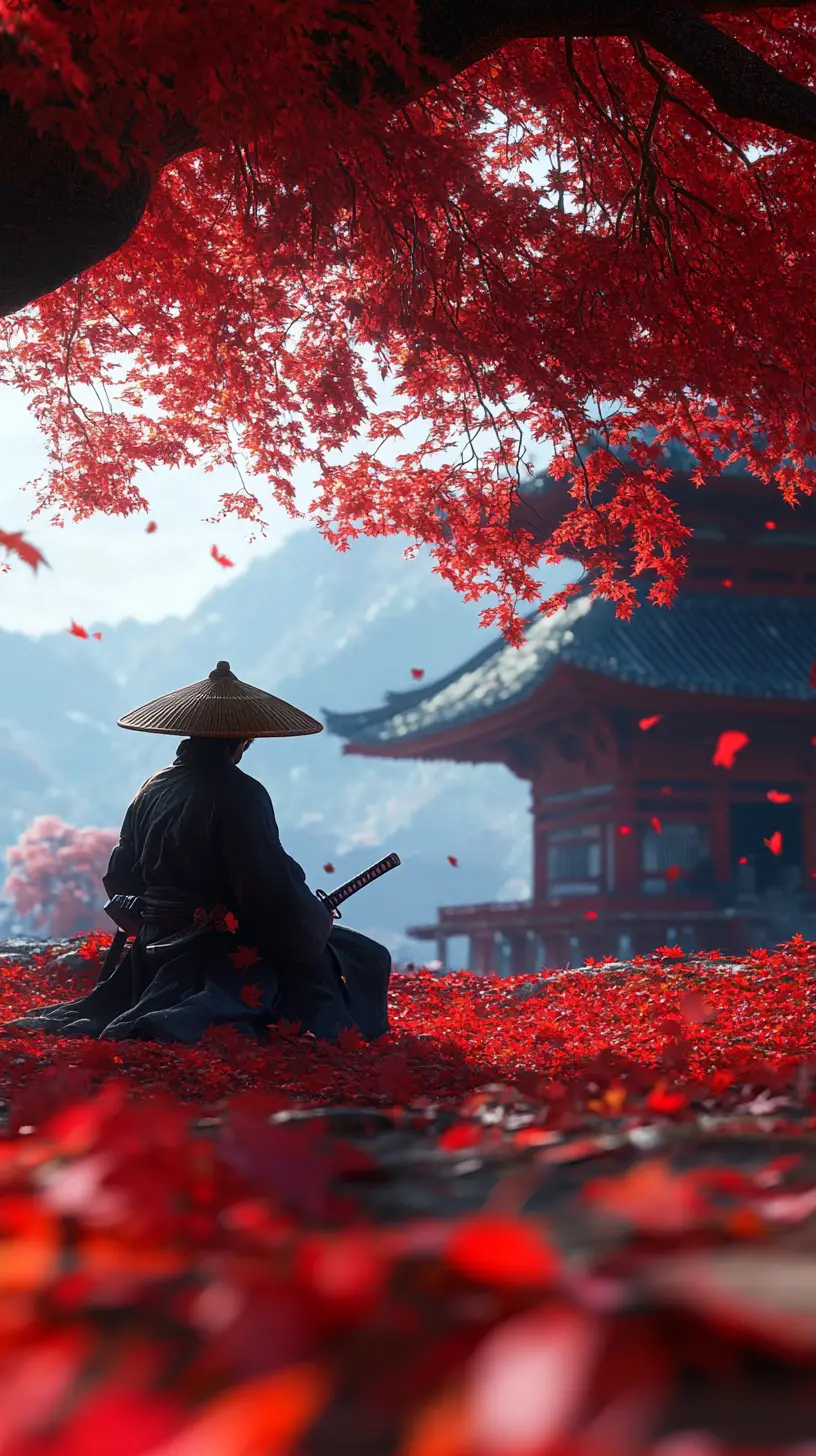 秋日紅楓樹下跪坐的武士