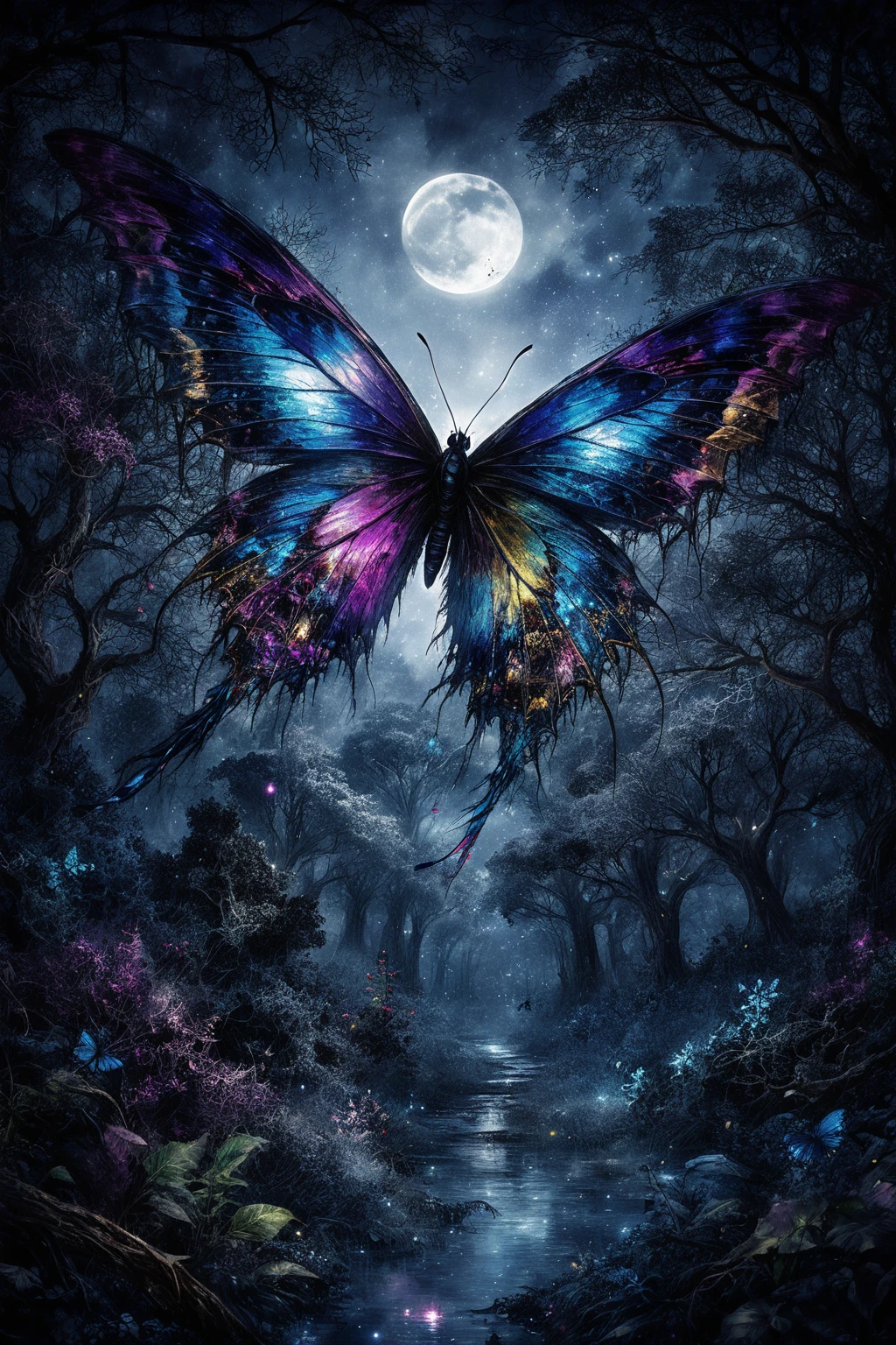Giant butterfly above a moonlit forest clearing