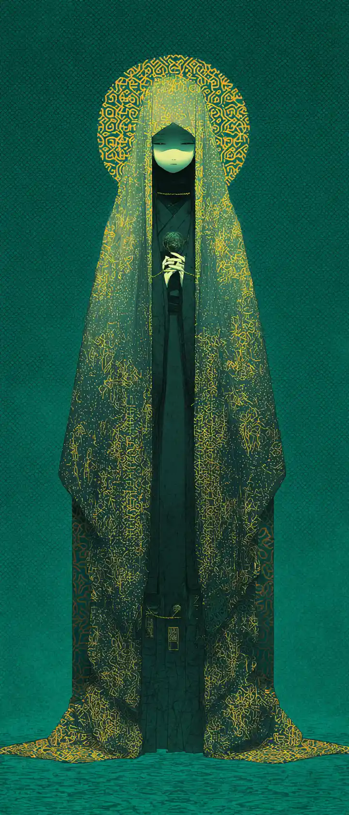 Anime veiled woman with glowing security thread and anguished eyes