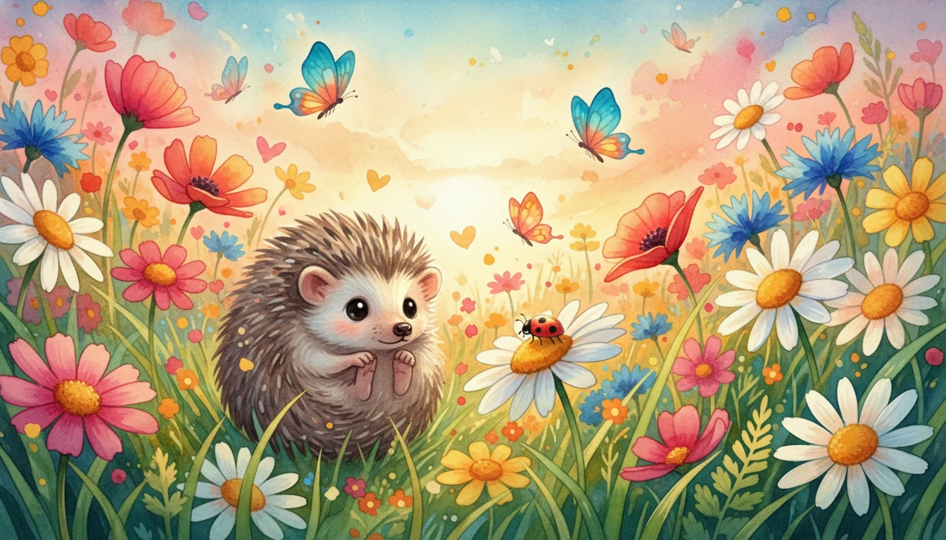 Ouriço fofo em um prado ao pôr do sol com flores silvestres em aquarela