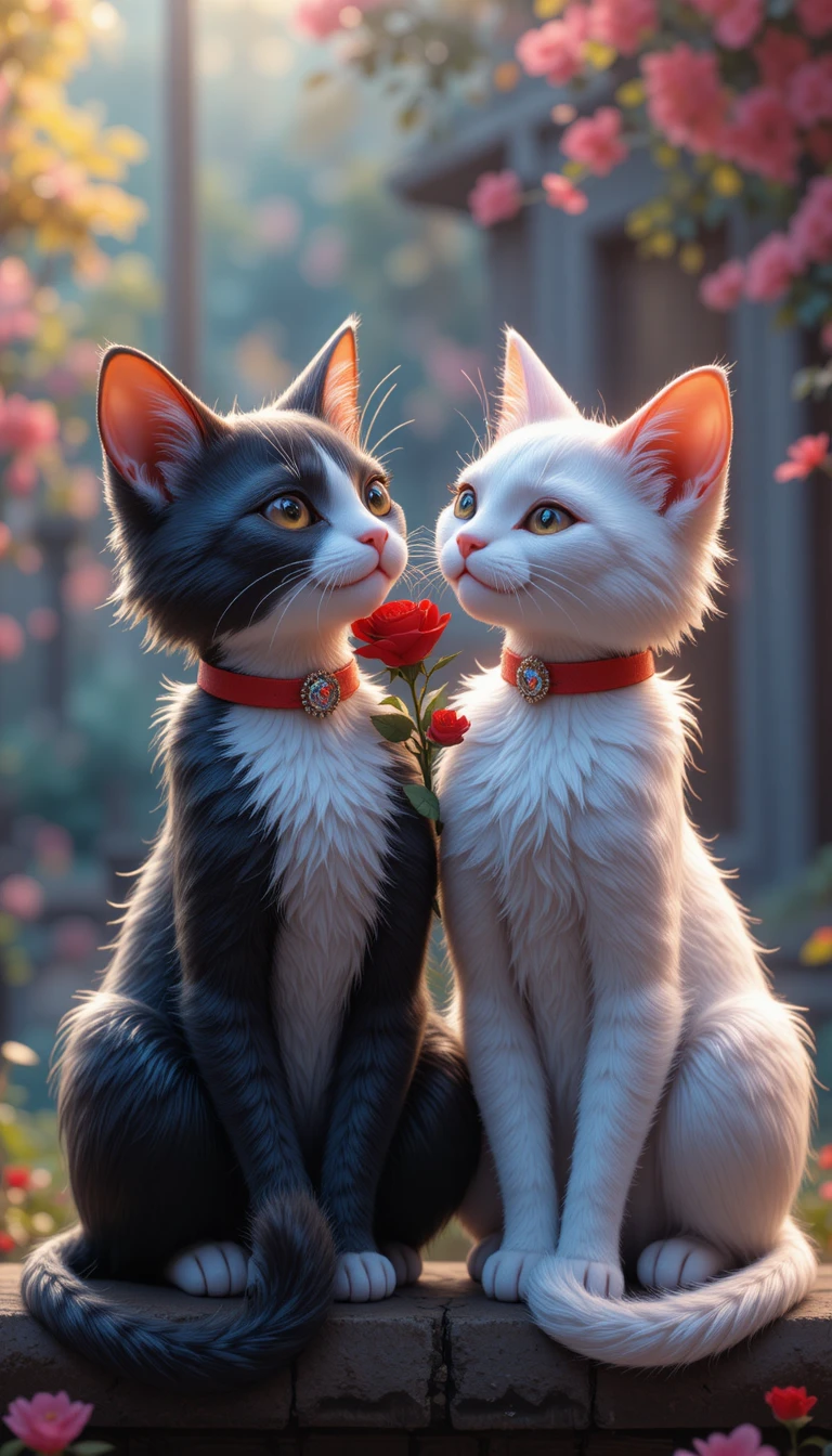 Dois gatos 3D românticos sentados juntos em uma cerca