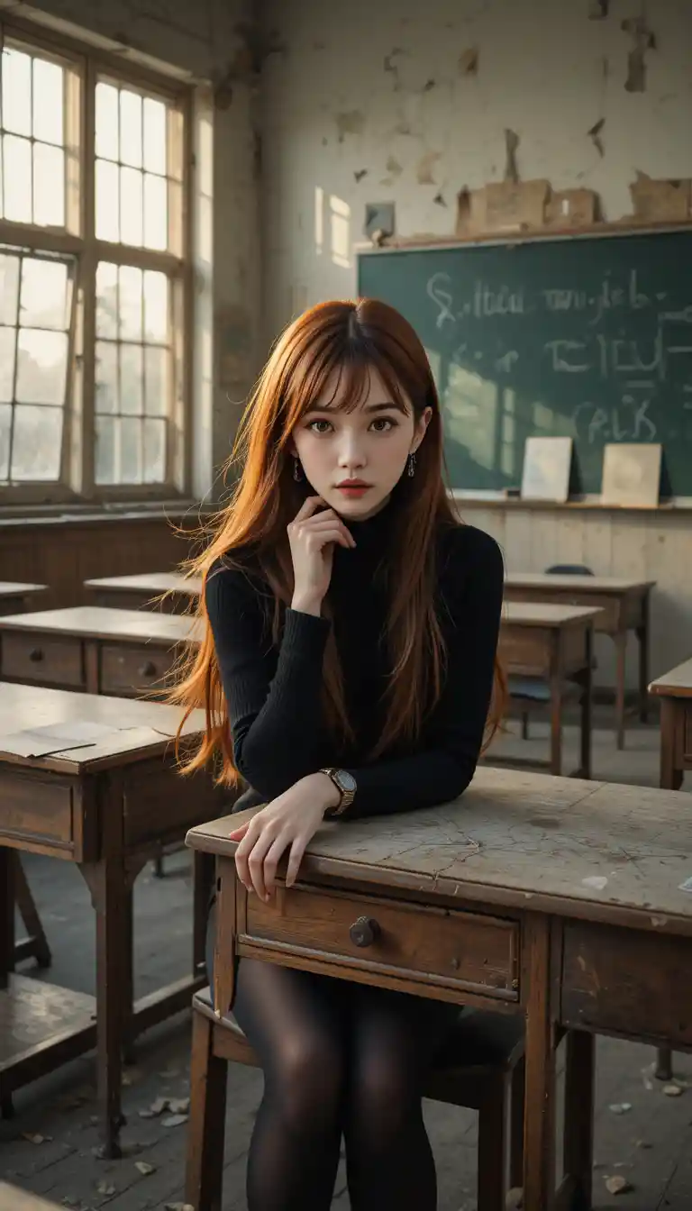 Thoughtful anime girl in an abandoned classroom at sunset