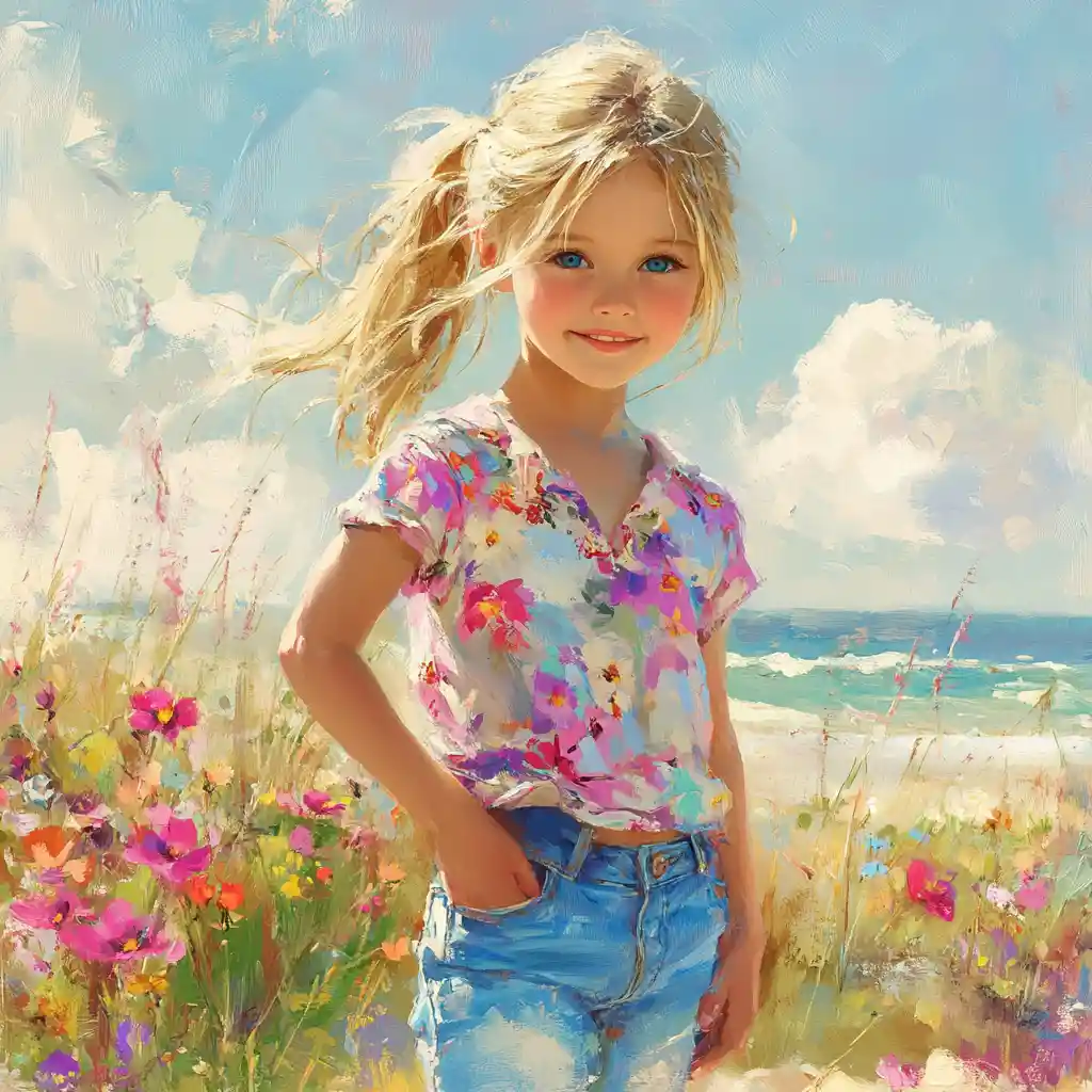 Smiling blonde girl walking by a flower filled beach