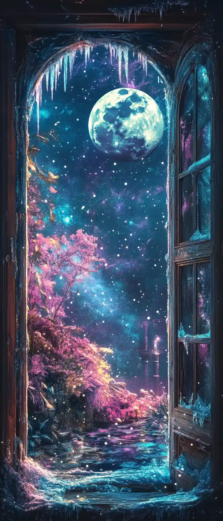 Jardim de inverno hiper-realista visto por uma janela ao luar