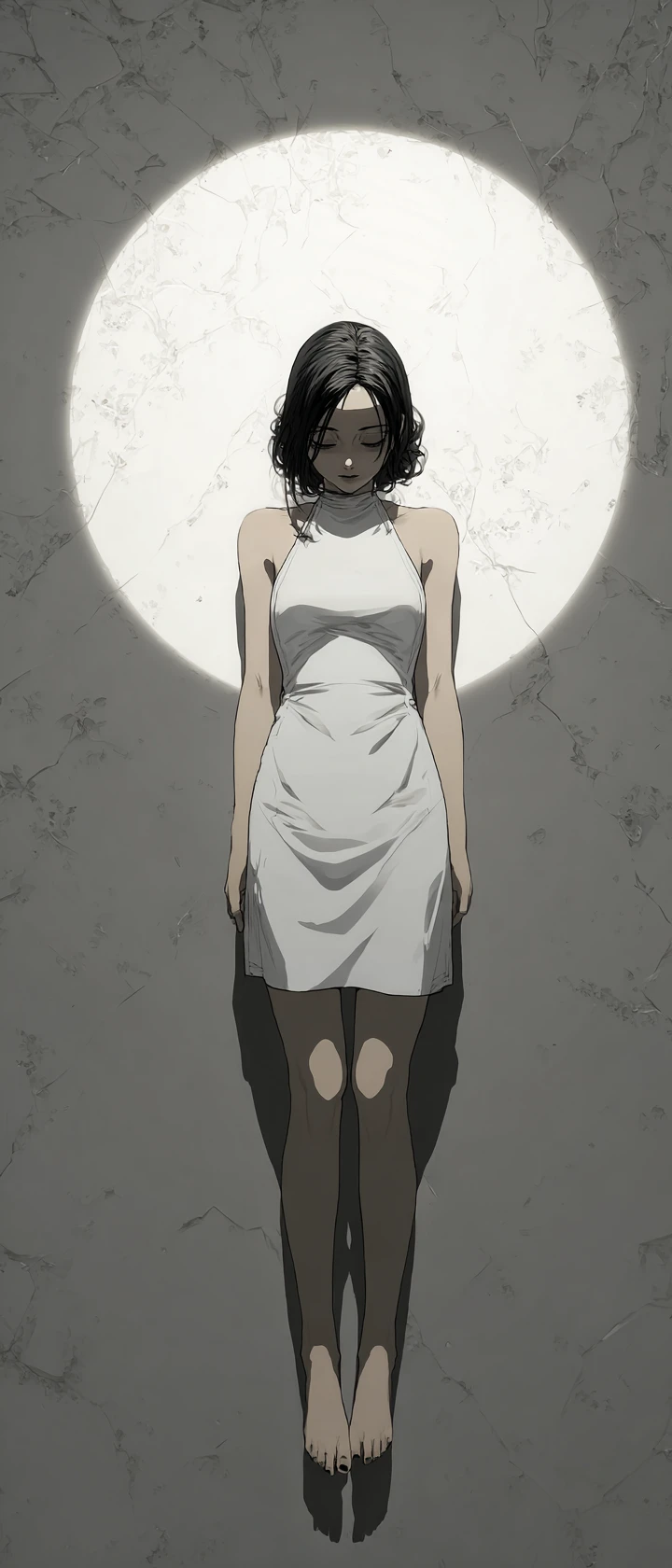 Donna anime in sottoveste bianca sotto una luce forte dall’alto