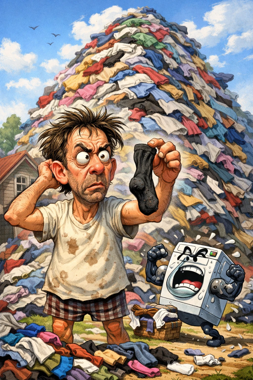 Adult facing mountain of laundry with tiny washing machine
