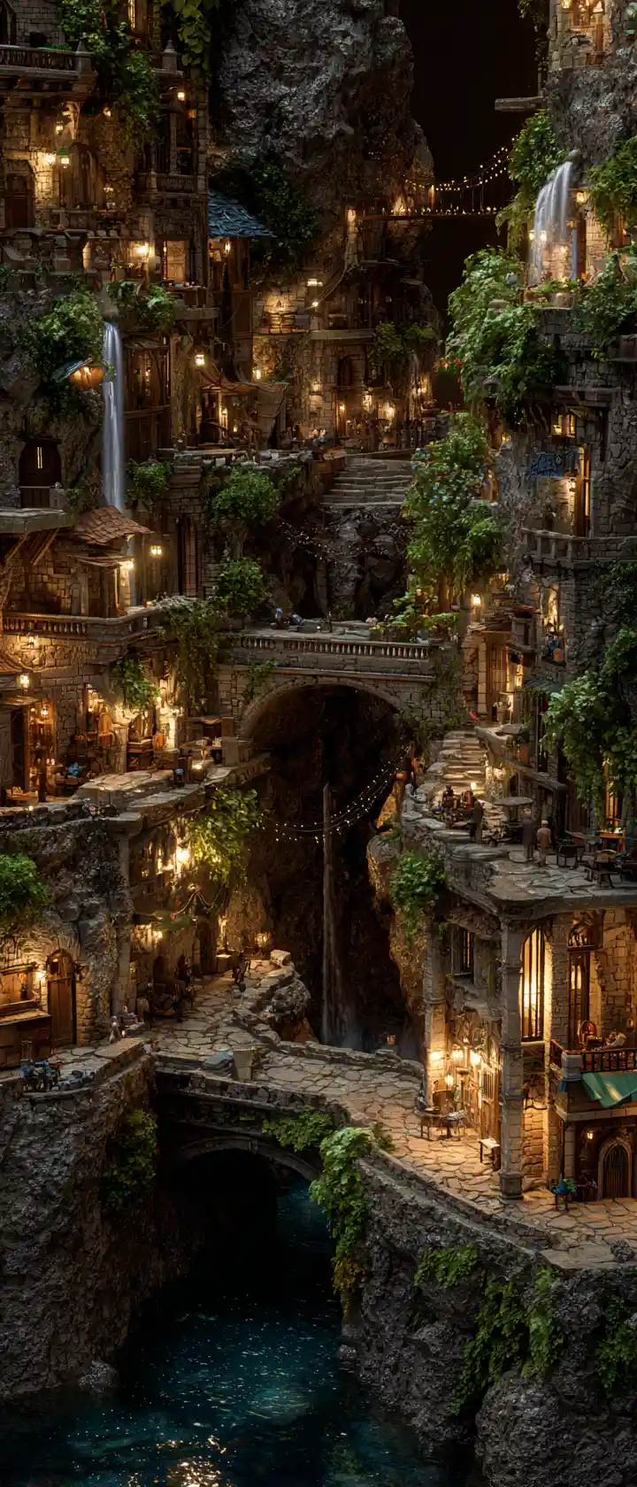 Vibrante Città Fantasy nel Canyon con Ponti e Cascate
