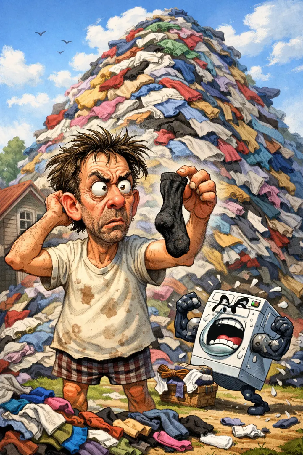 Adulte face à une montagne de linge avec une minuscule machine à laver