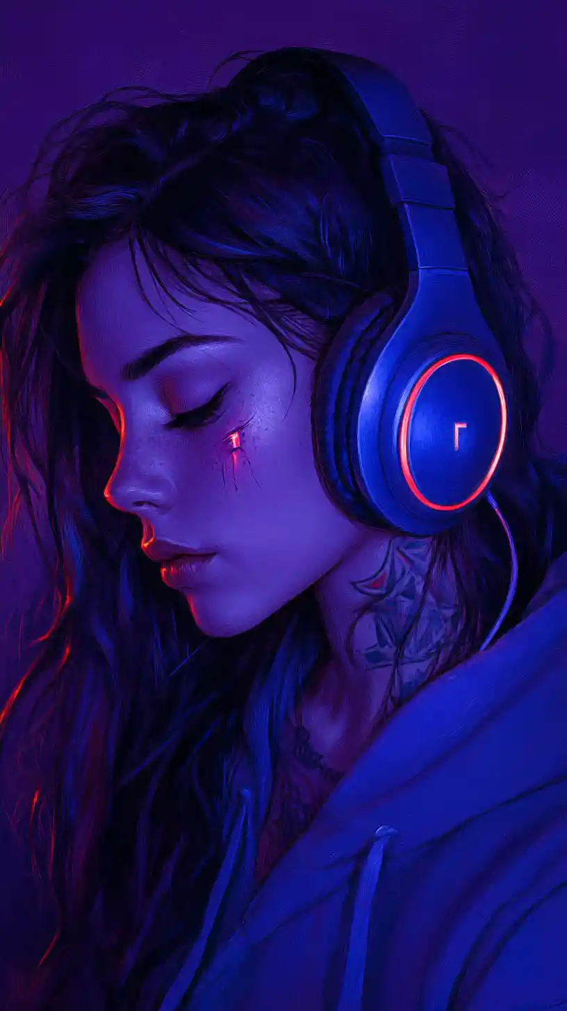 Thoughtful girl in blue hoodie with glowing headphones