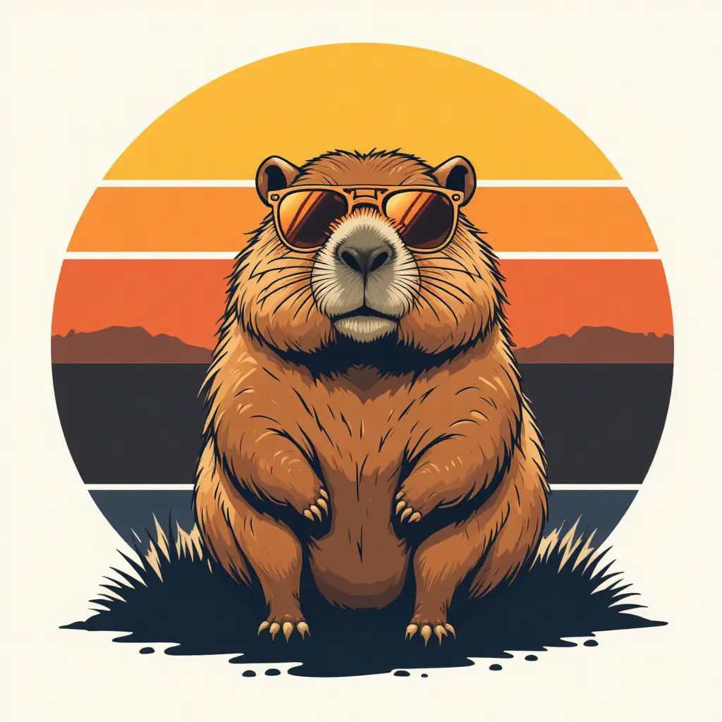 Cute capybara with groovy sunglasses in retro vector style
