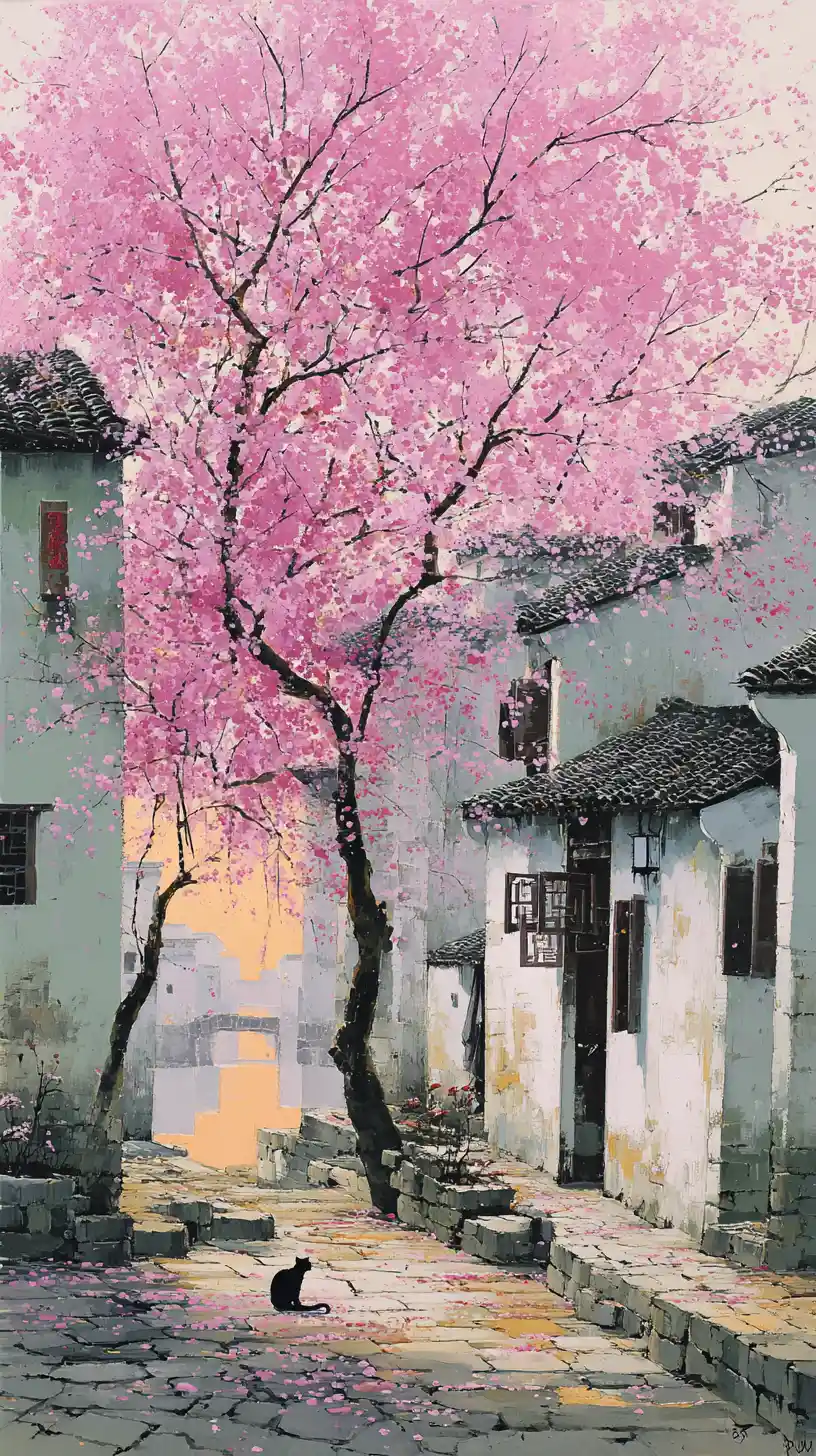 Fiori di primavera su una tranquilla piazza di un villaggio di Jiangnan