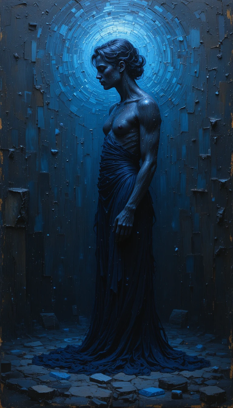 Abstract human figure in deep introspective blue aura