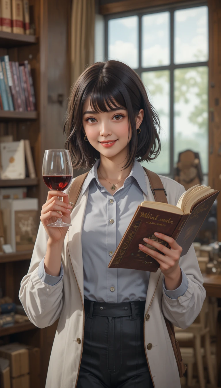 Junge Frau bei der Arbeit mit Weinglas und Buch