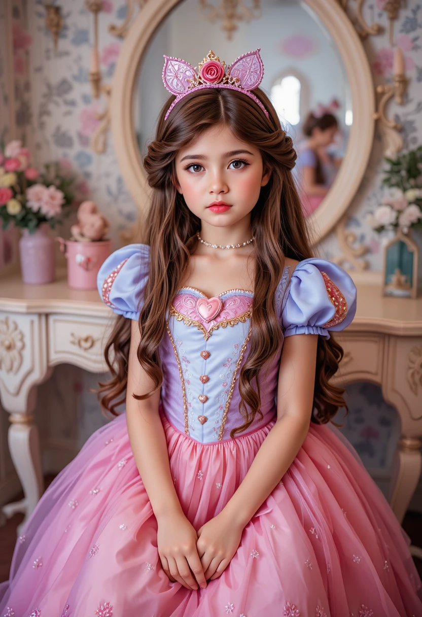 Young boy dressed as a princess in a playful vanity scene