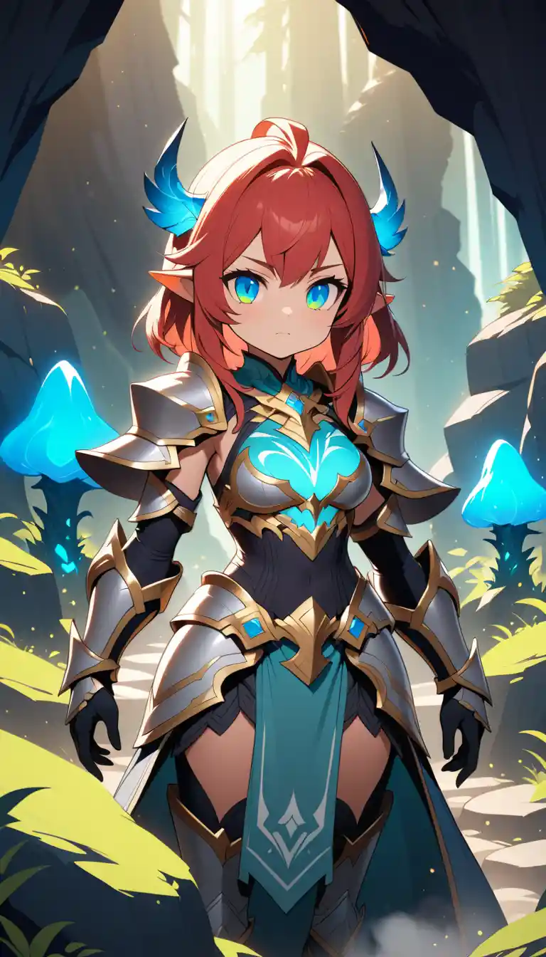 Dwarven girl warrior in ornate armor within glowing cave