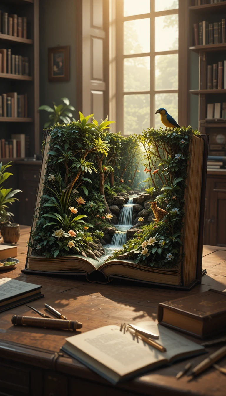 Open antique book transforming into a lush rainforest