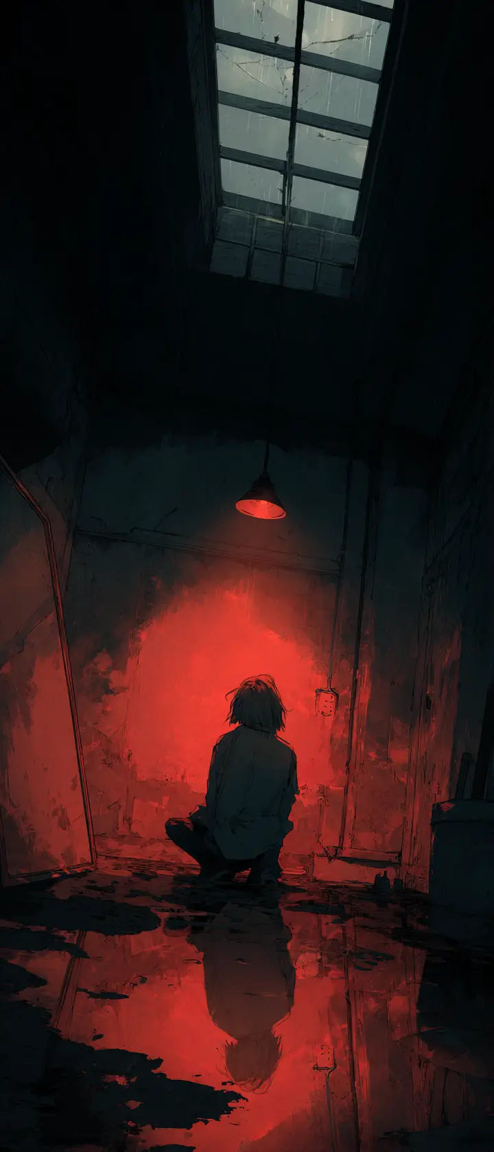 Anime detective kneeling in bloodstained apartment before mirror
