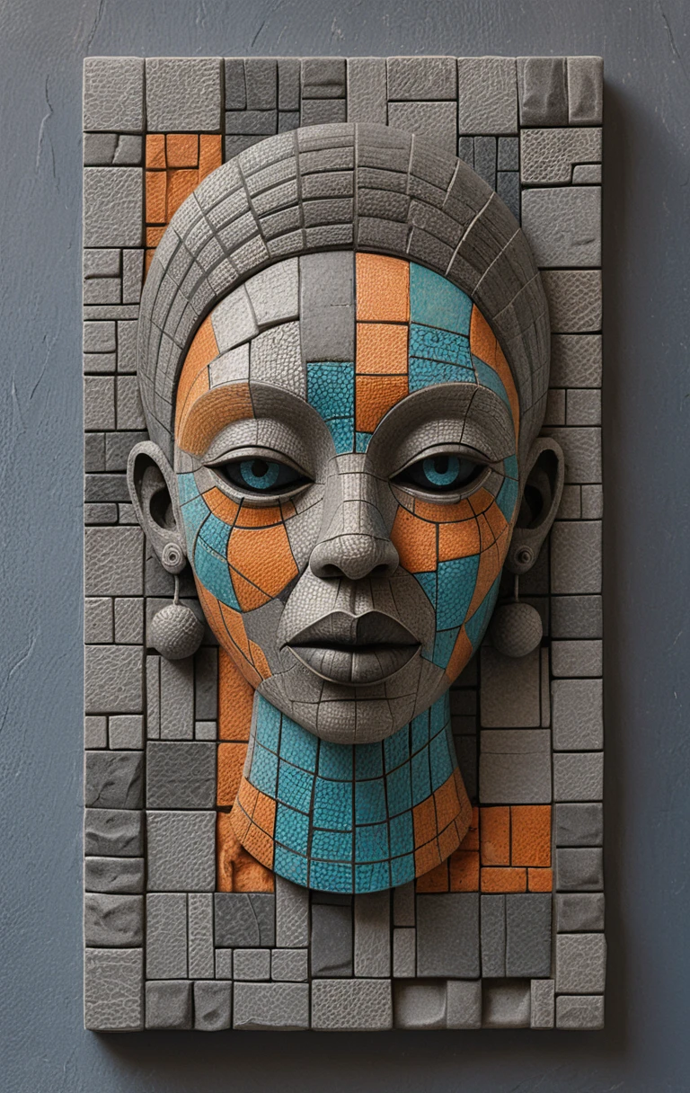 Colorful ceramic mosaic African tribal mask close up