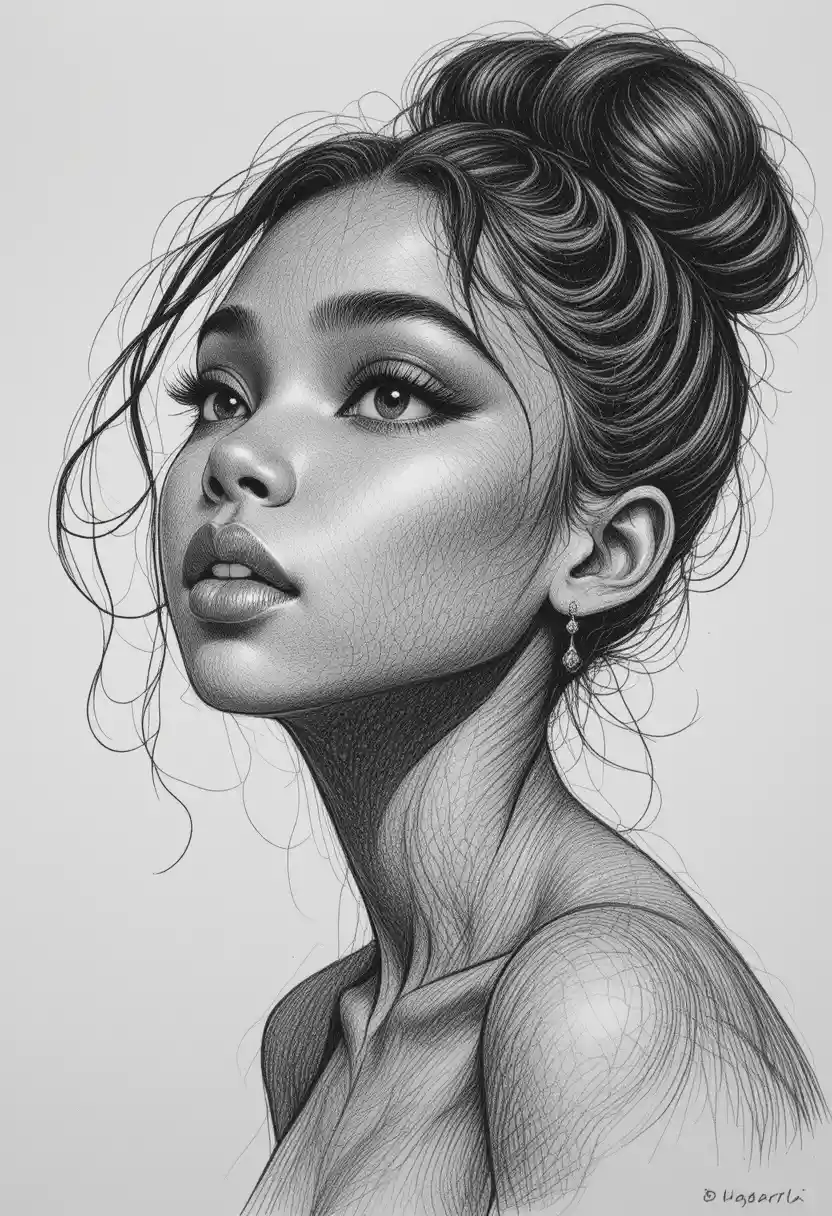 Graphite portrait of a black girl gazing upward dreamily
