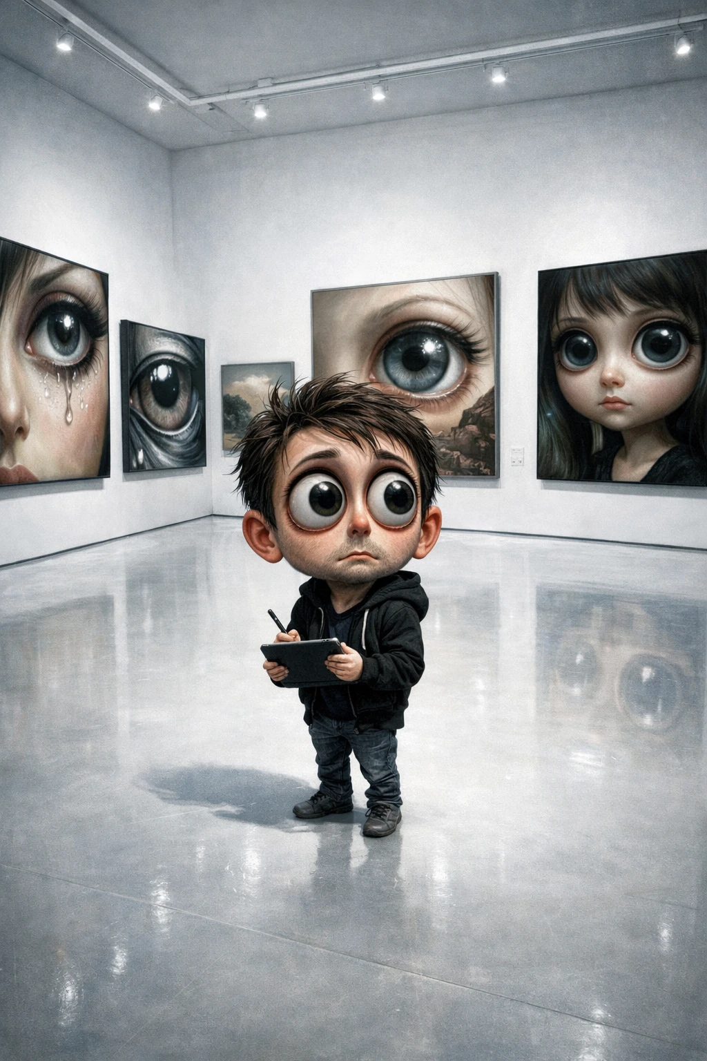 Uneasy Ai Artist In Minimal White Gallery With Repeated Artworks