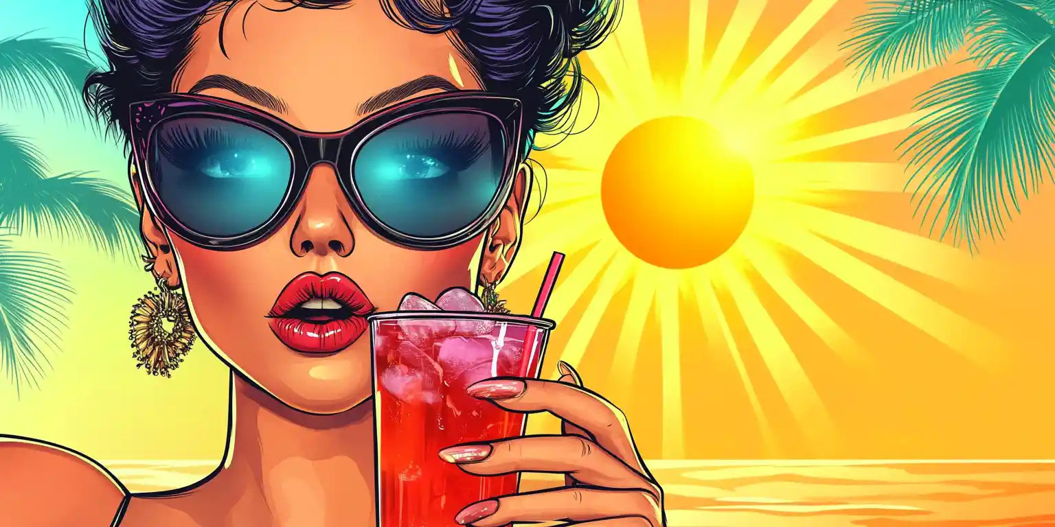 Donna glamour in stile cartoon con occhiali da sole su spiaggia tropicale