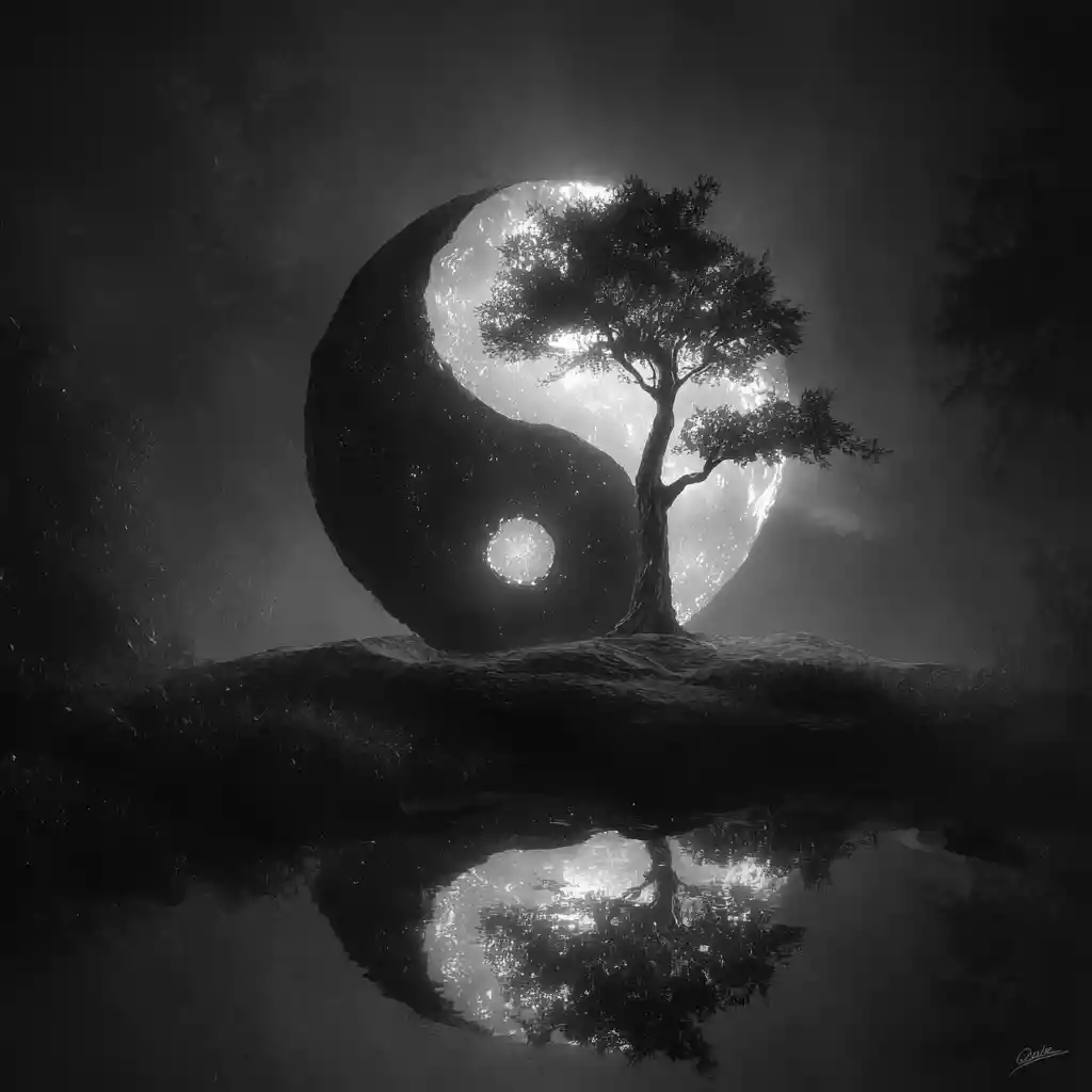 Alberi yin yang in pittura digitale luminosa con glitter
