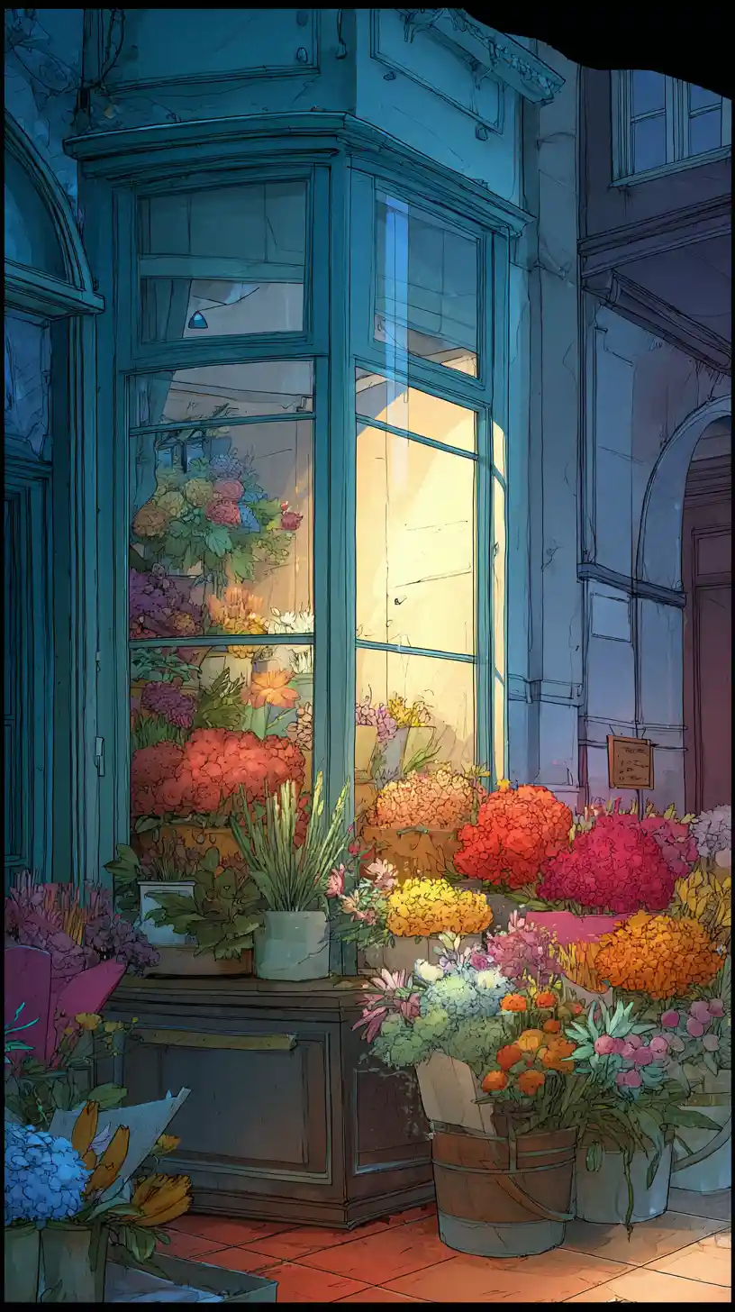 Cozy flower shop window glowing with warm dreamy light