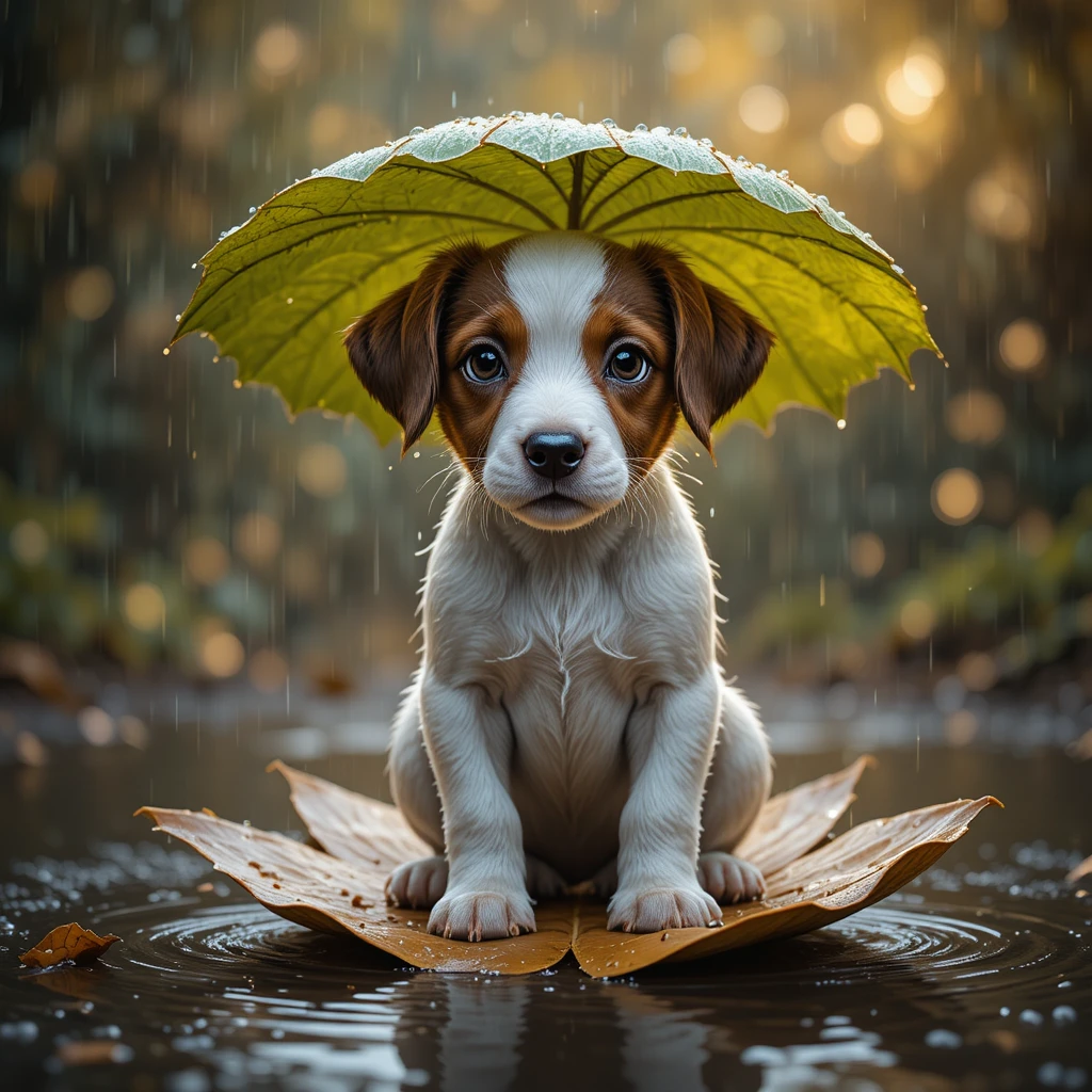 Filhote abrigado sob uma folha na chuva suave