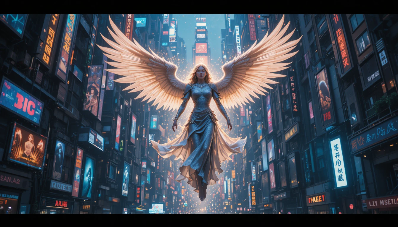Anjo etéreo descendo sobre uma metrópole futurista neon