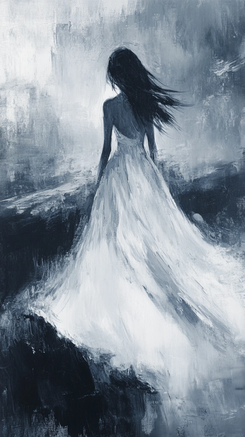 Ethereal Woman In Flowing White Gown Amid Misty Grayscale