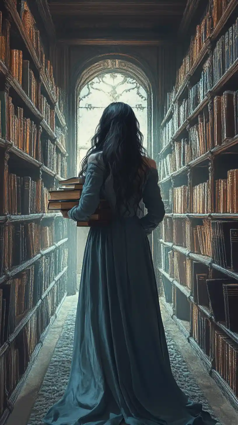 Jovem mulher etérea caminhando por um corredor de biblioteca imponente
