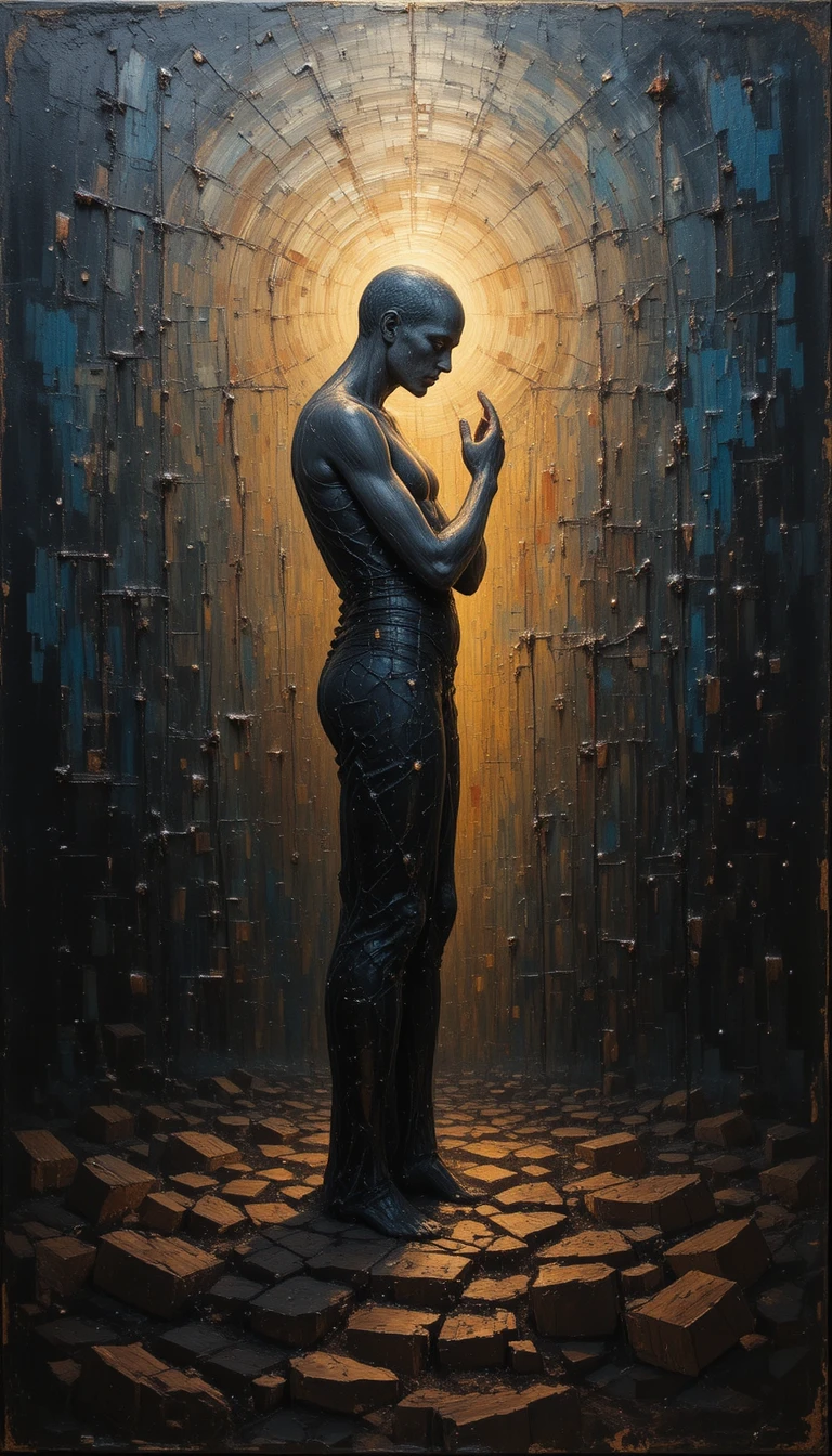 Semi abstract human figure glowing from deep dark tones