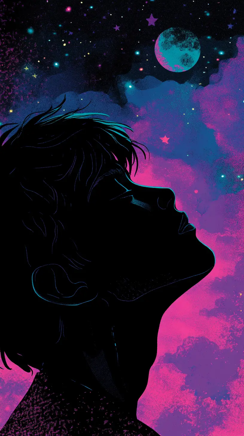 Portrait d’un jeune homme asiatique avec un ciel cosmique éclairé par la lune