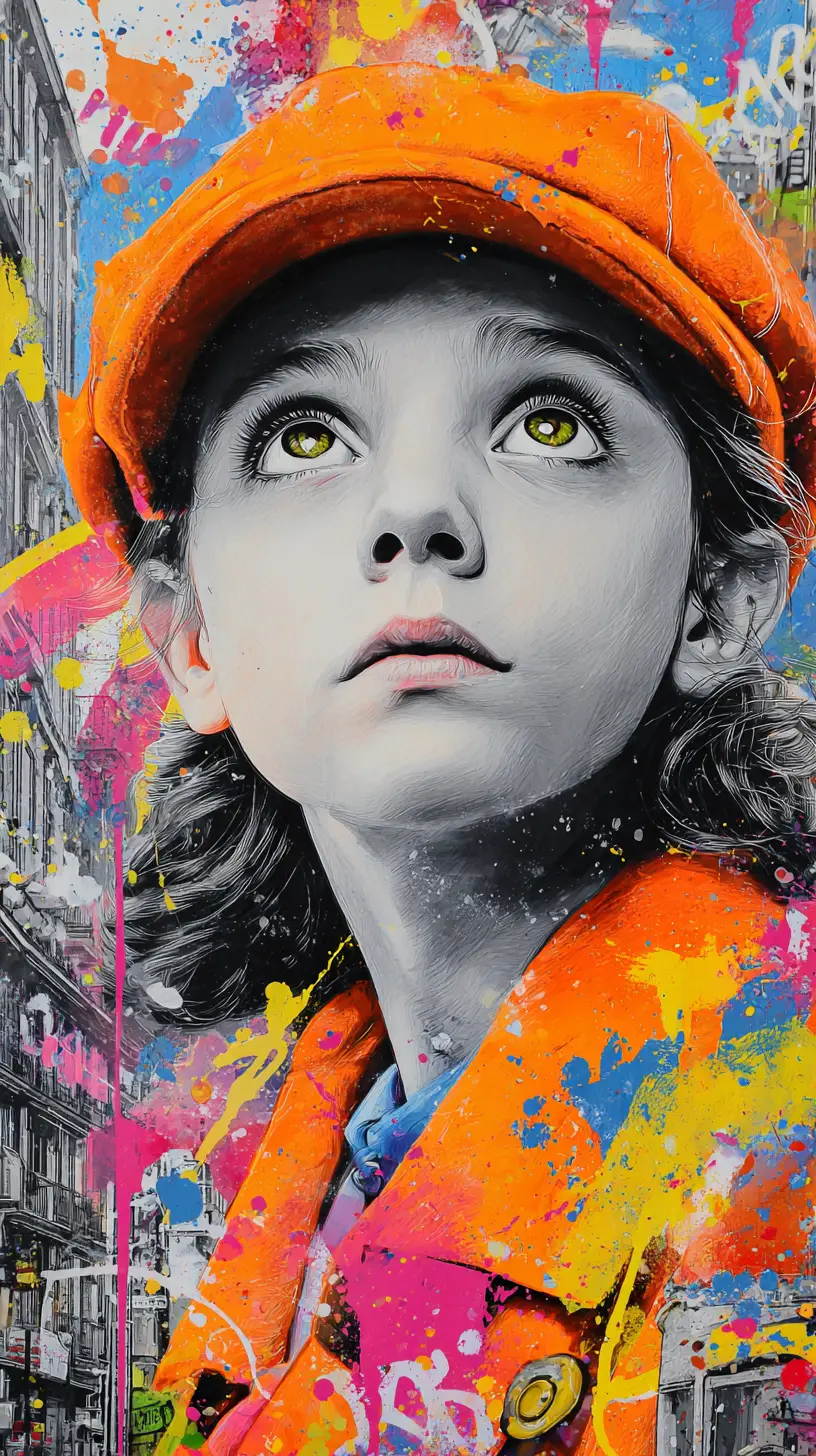 Thoughtful girl in orange cap amid colorful graffiti splashes