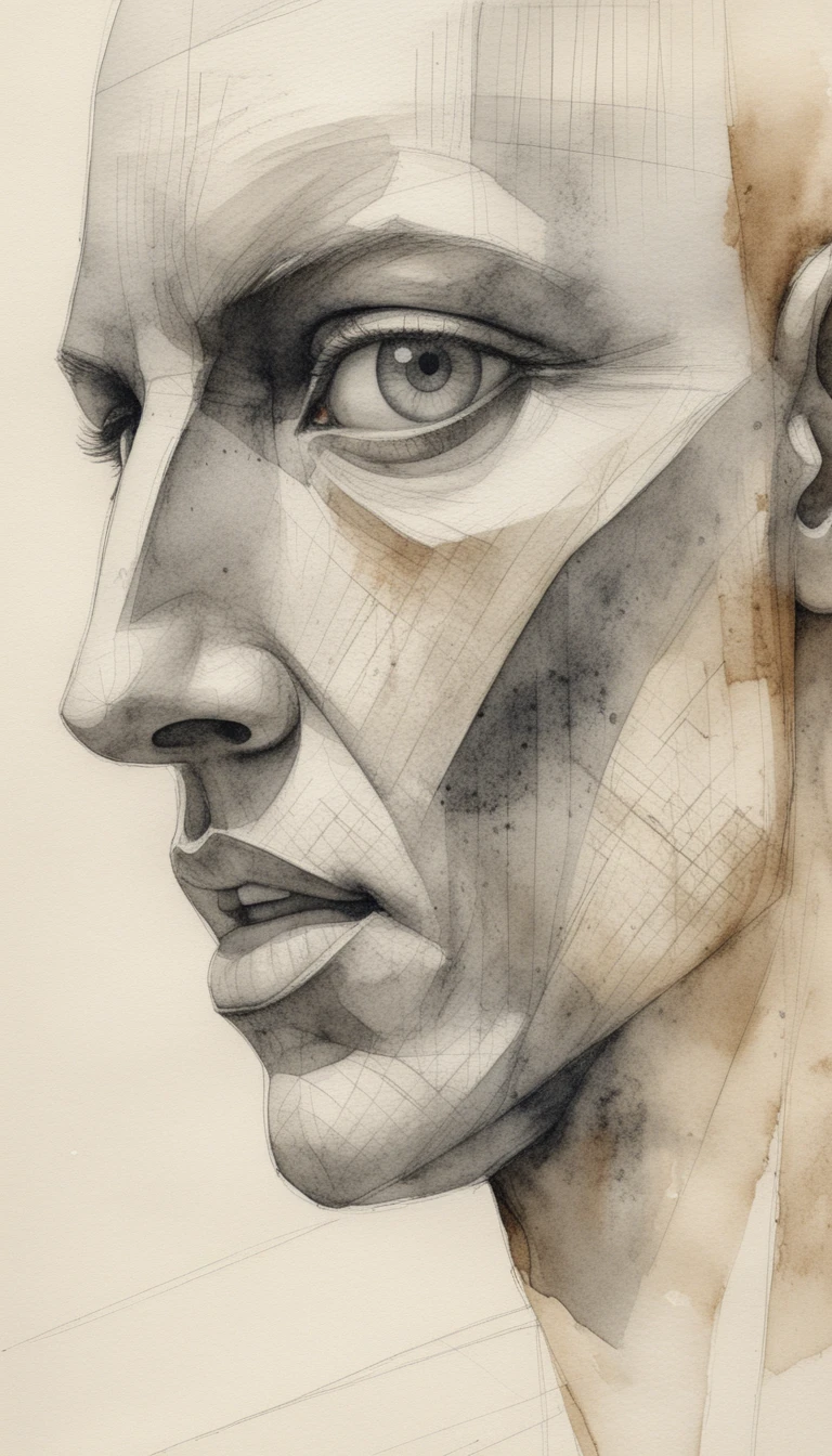 Retrato de perfil arquitetônico em grafite e carvão com inspiração cubista
