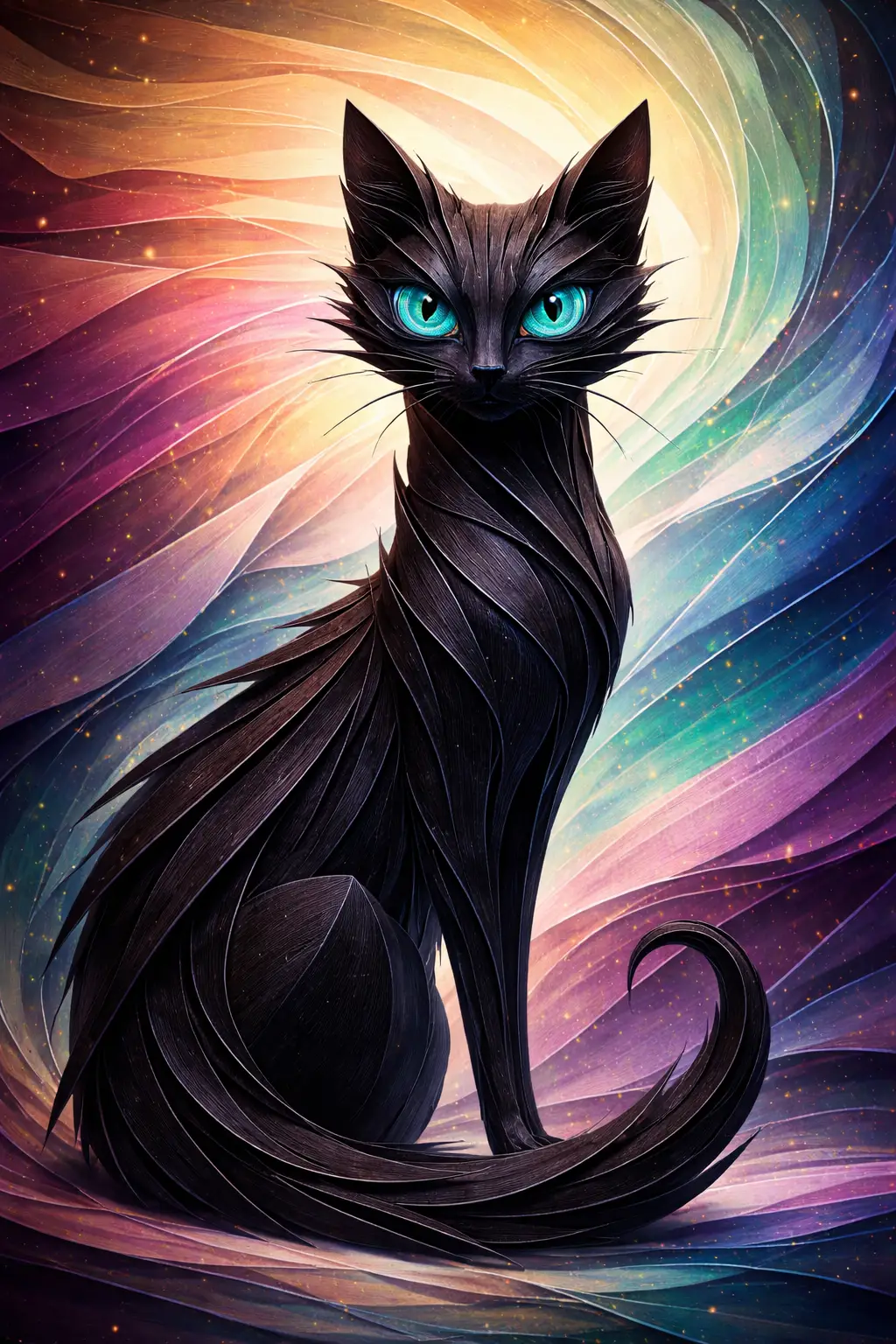 Papercraft Black Cat With Turquoise Eyes On Rainbow Paper