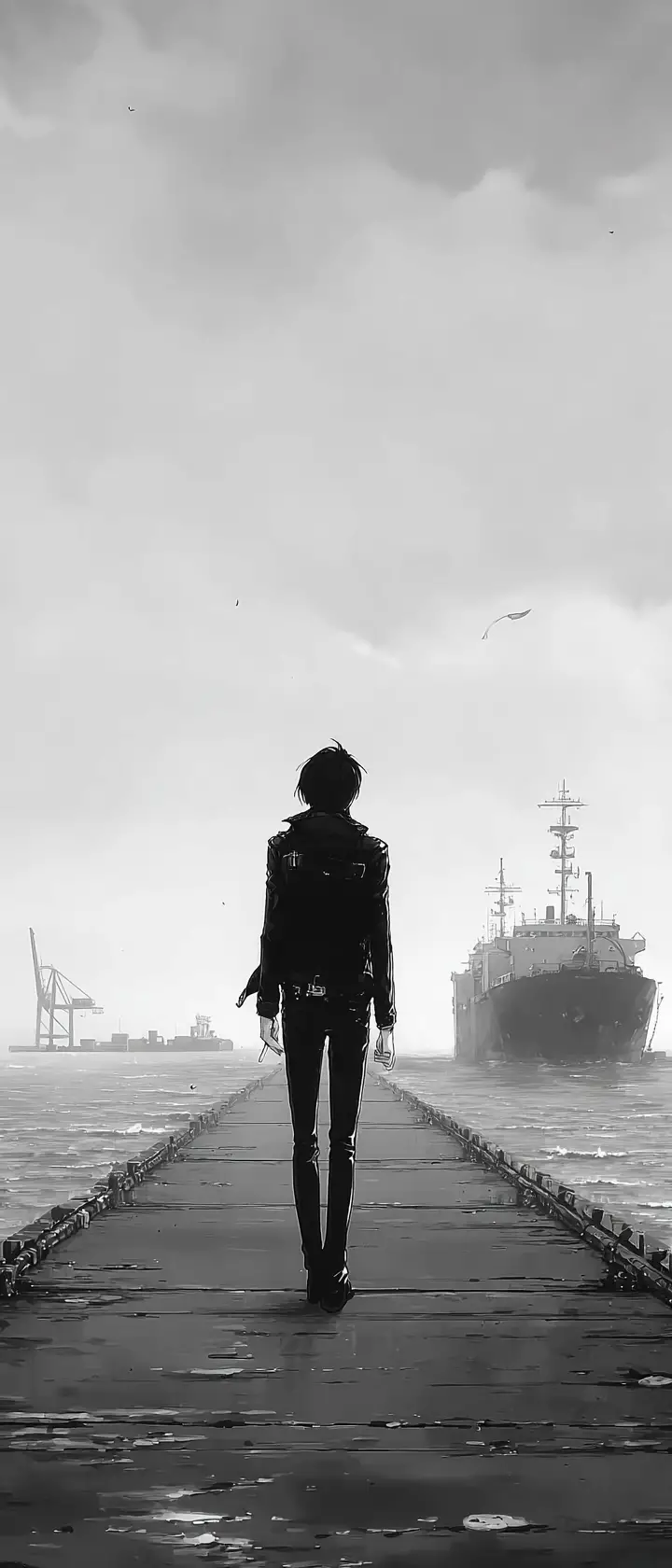 Anime-Silhouette eines Mannes am nebligen Pier, der einem Frachter beim Auslaufen zusieht
