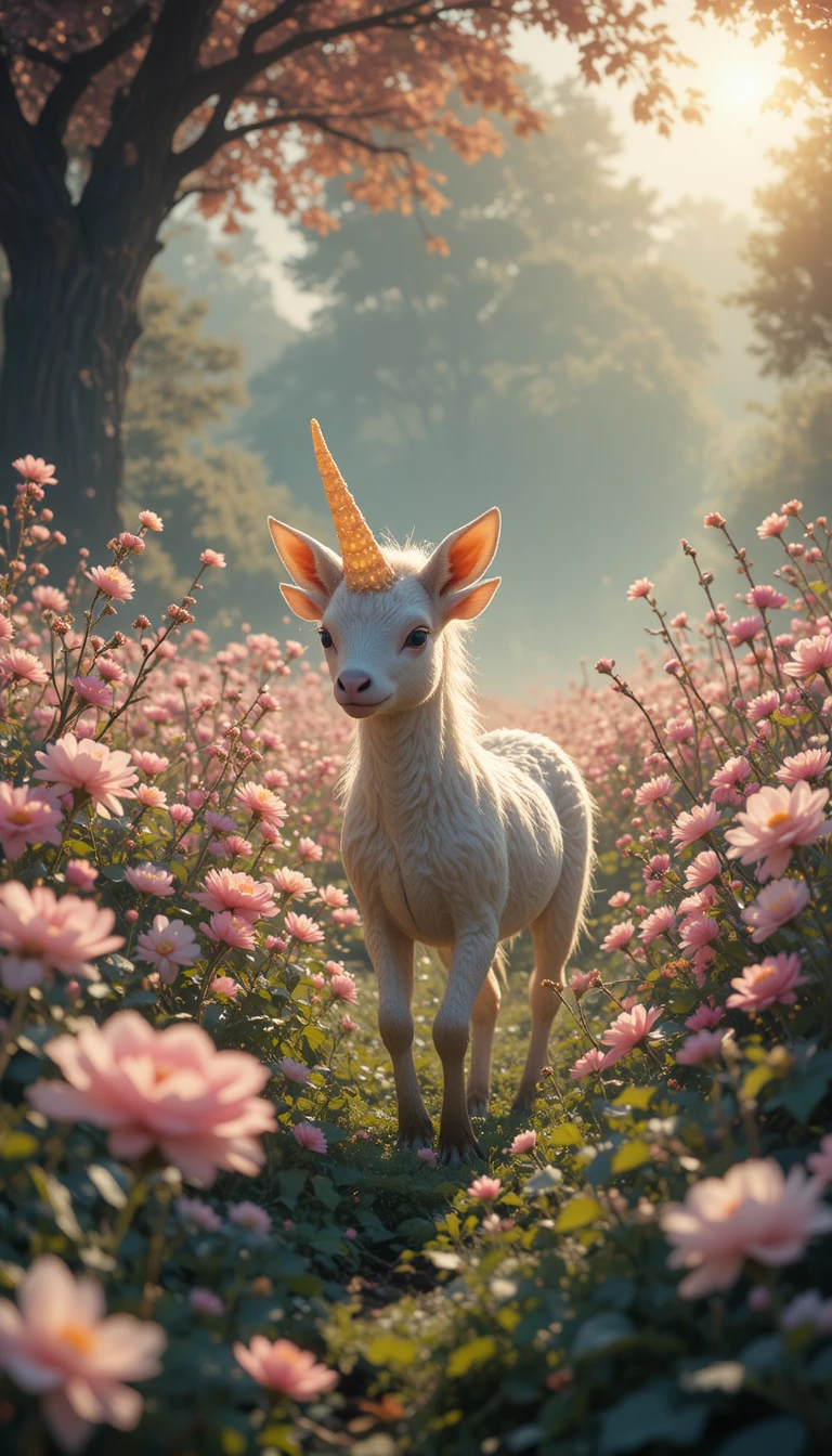 Baby-Einhorn auf einer taufrischen Wiese mit riesigen magischen Blumen