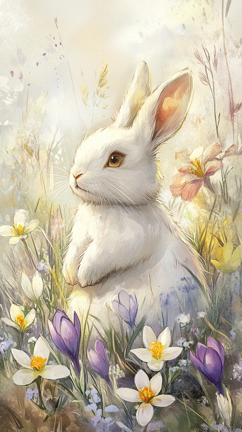 Coelhinho branco fofo entre flores de primavera em estilo aquarela