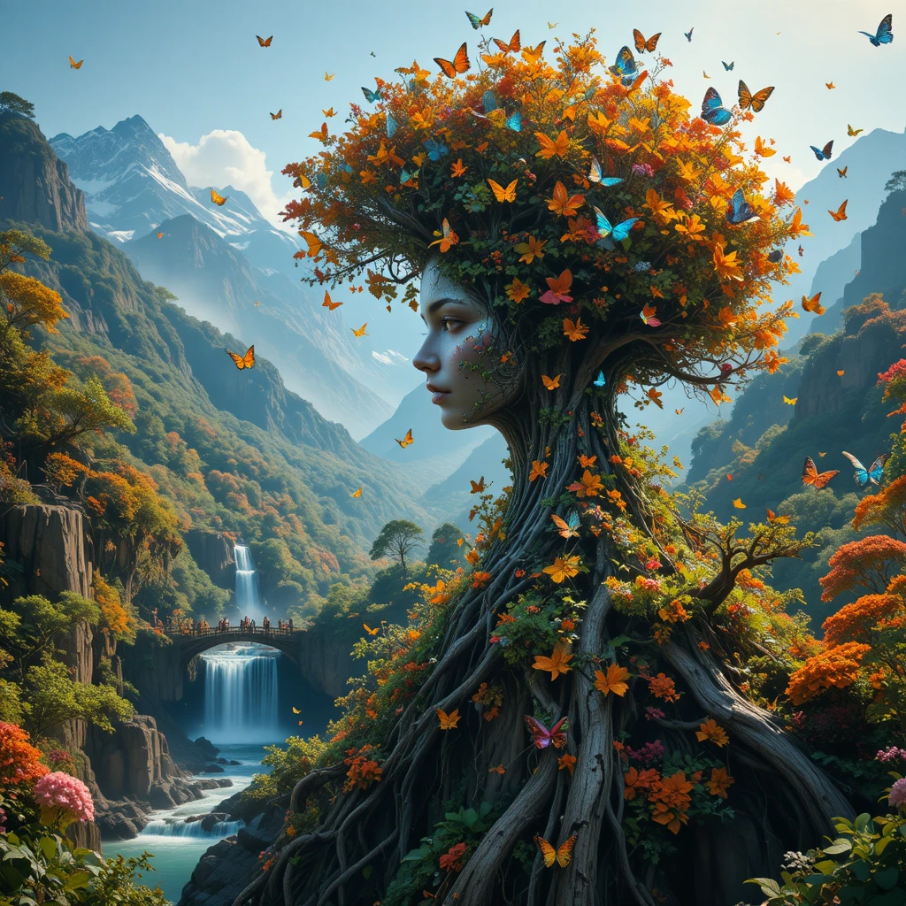 Spirito albero femminile coronato di fiori e farfalle
