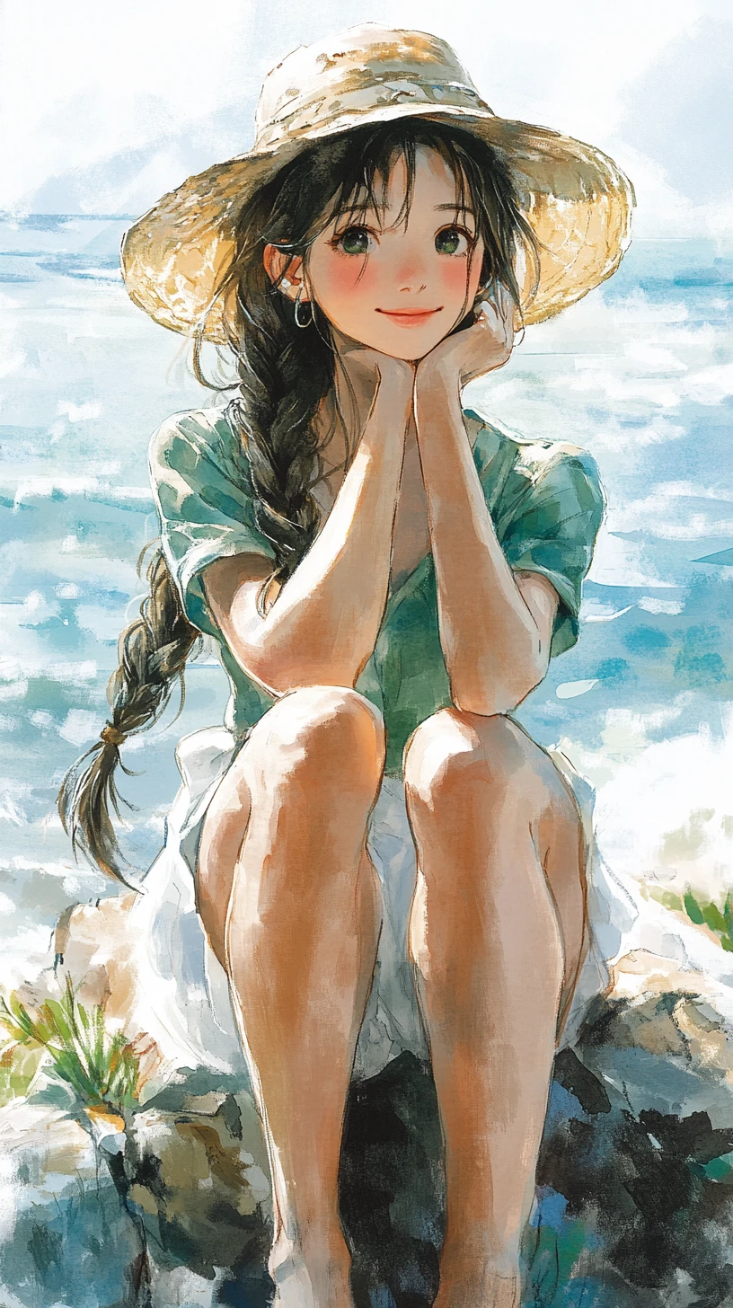 水彩画の海辺の岩に座る帽子の日本人少女