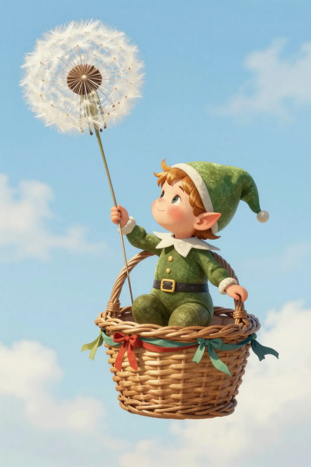 Elf child riding a dandelion balloon through soft blue sky