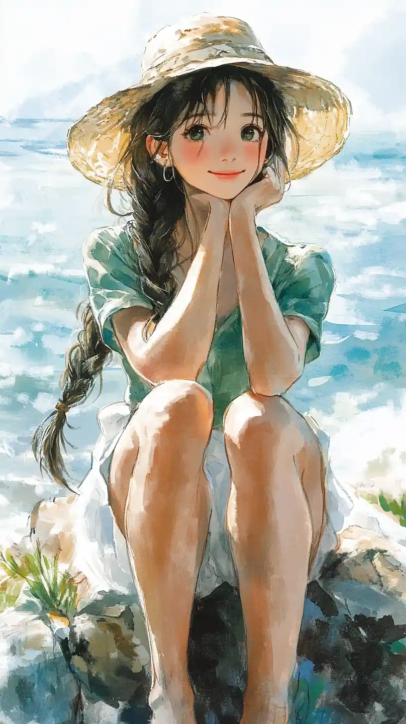 Japanese girl in hat sitting on seaside rock in watercolor