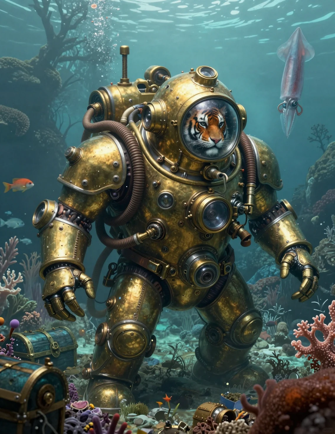 Sommozzatore tigre steampunk in tuta di ottone sotto il mare
