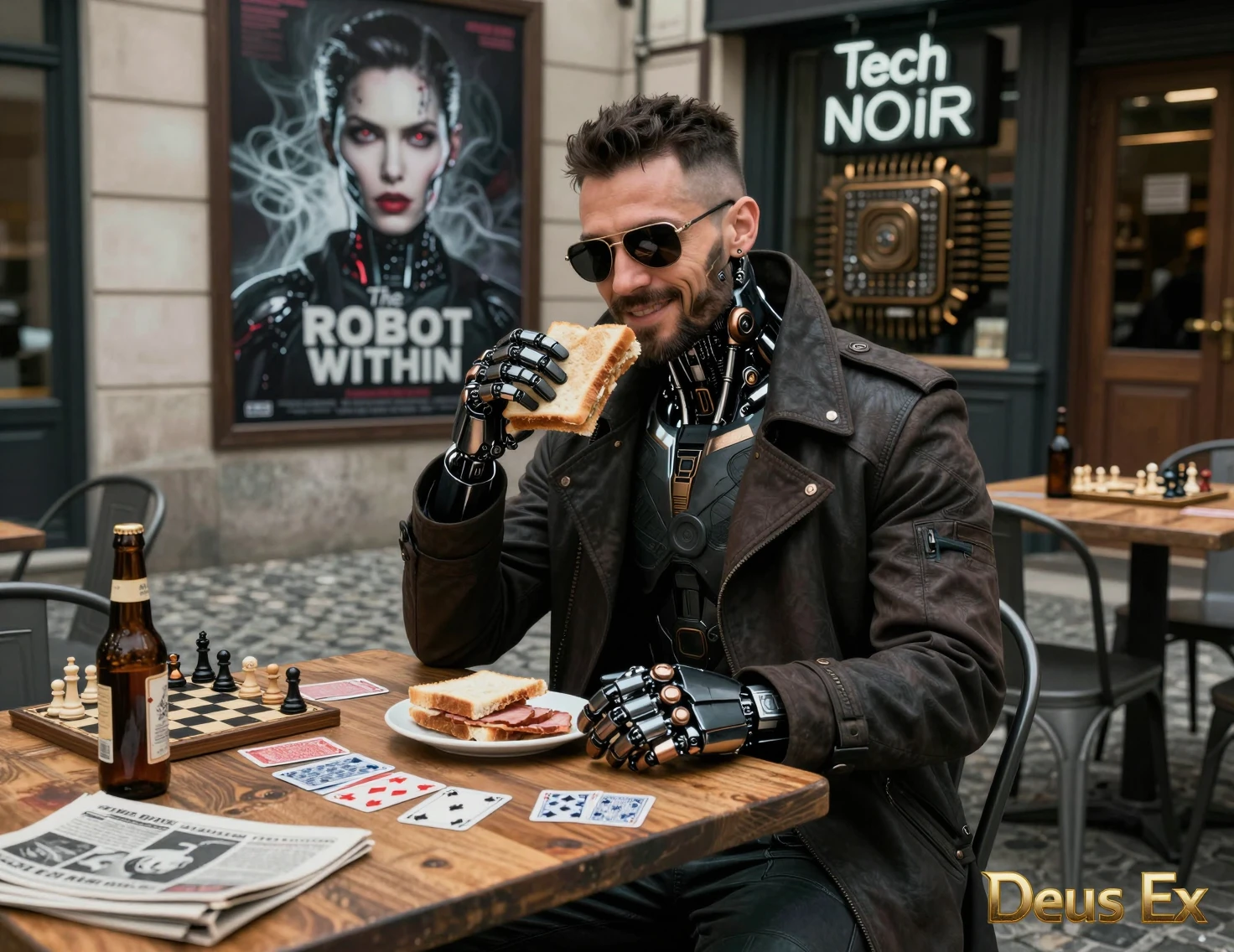 Cyborg detective potenziato che mangia a un tavolo di un caffè all’aperto