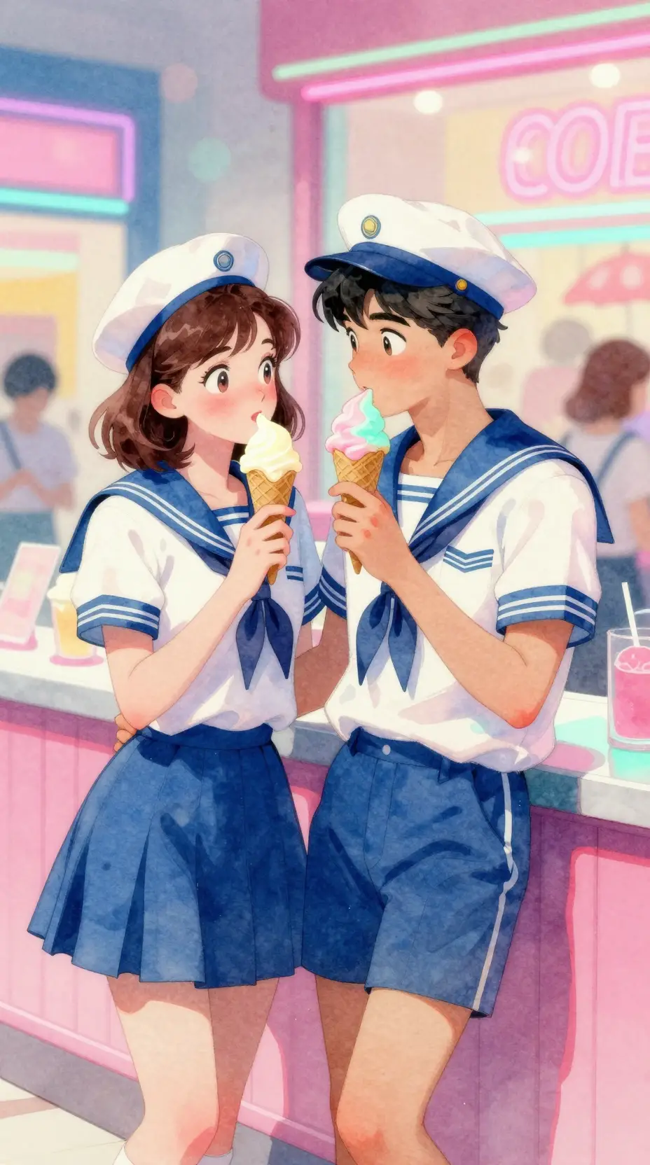 Jovem casal em uniformes de marinheiro compartilhando sorvete brilhante