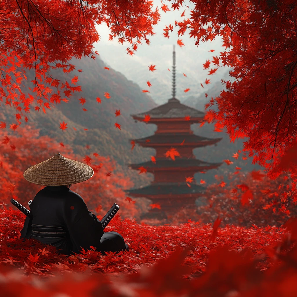 Samurai de quimono preto entre folhas de bordo vermelhas caindo